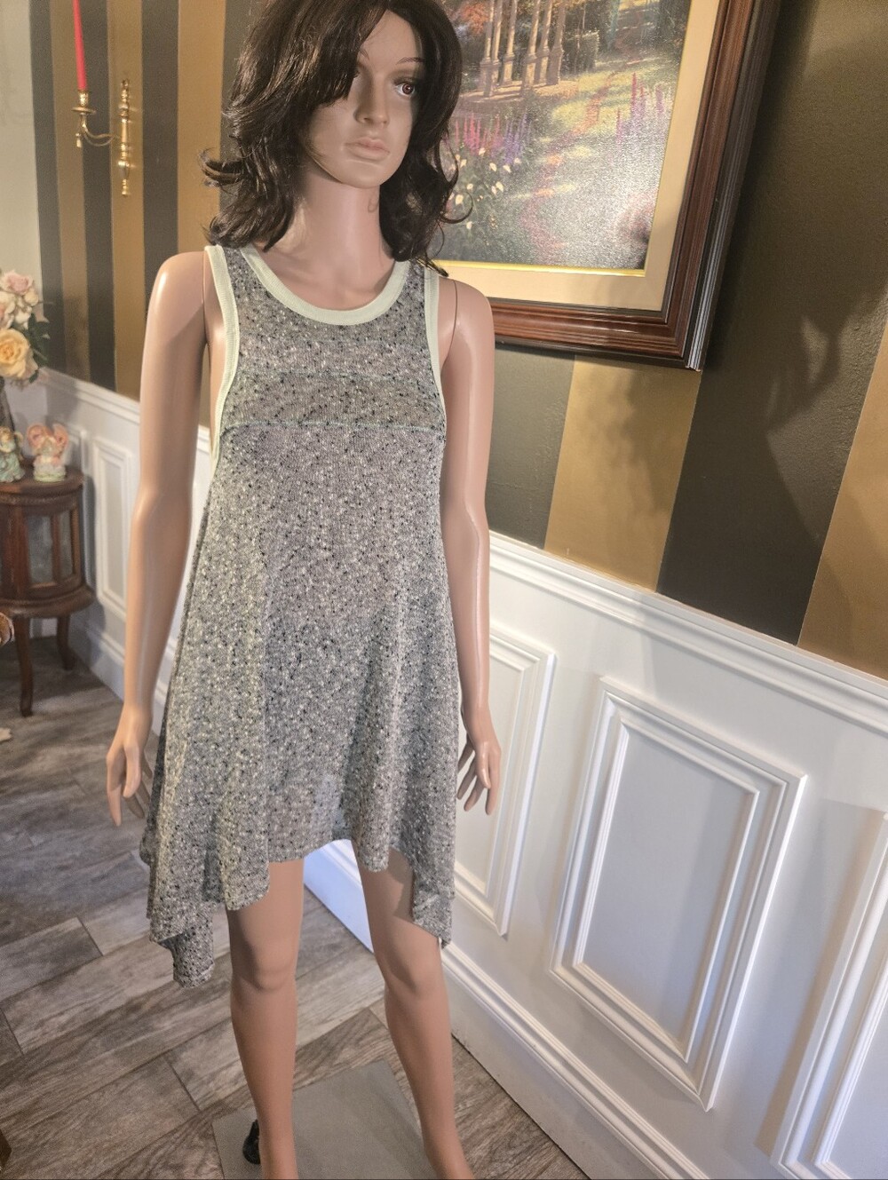 We The Free Heathered Gray Swing Tank Dress with Cream Trim